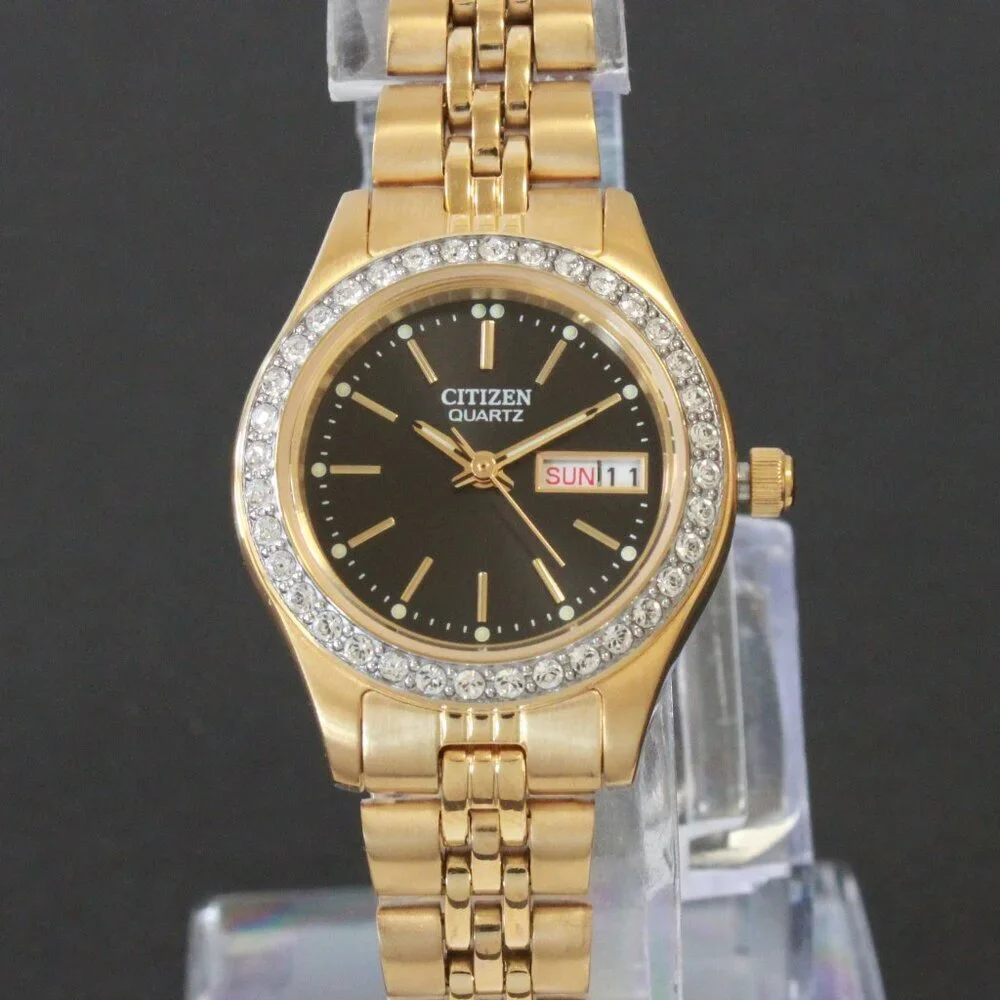 Citizen Ladies Classic Quartz Watch Crystal Bezel Gold Toone Black Dial 26mm
